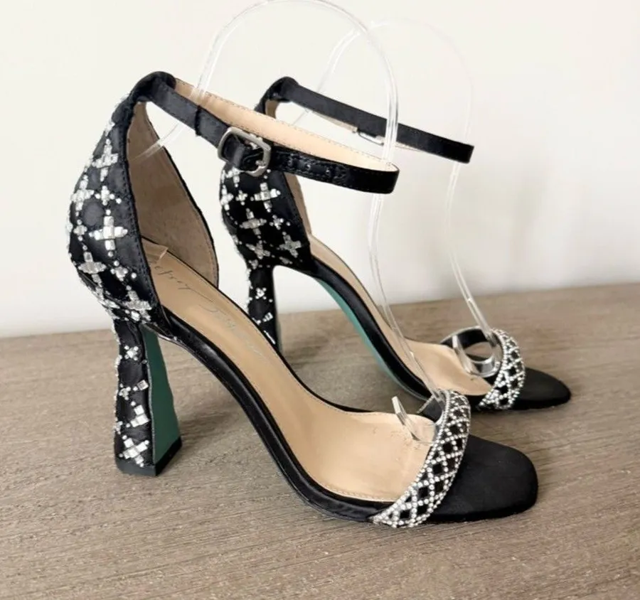 Betsey Johnson Dean Black Crystal-Embellished Ankle-Strap Heels Size 6.5