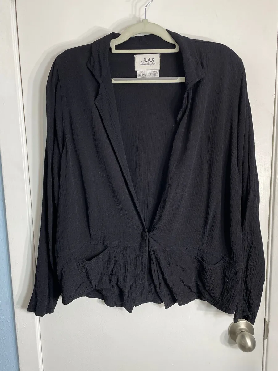 VTG Flax Jacket Small Black Crepe Office Minimalist Lagenlook Stevie Nicks