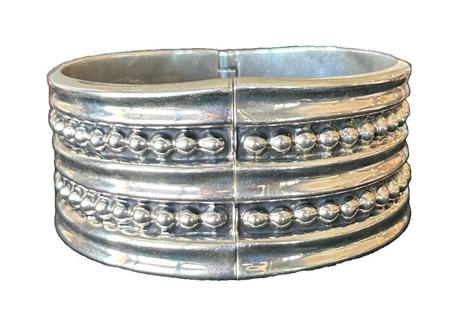 Vintage Mexico 925 Sterling Silver Wide Hinged Cuff Bracelet Beaded 54.6g