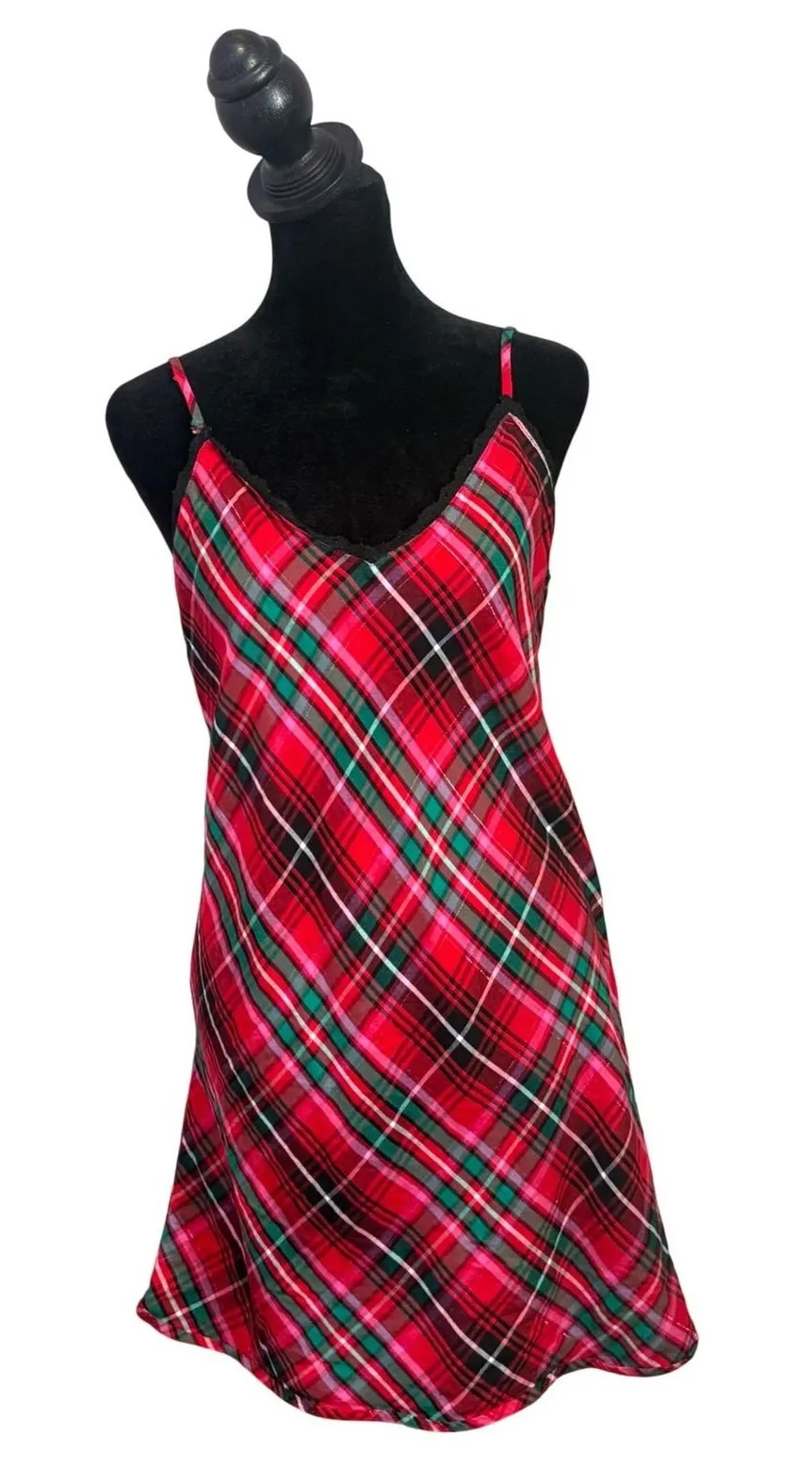Victoria's Secret Nightgown Womens M Red Plaid Lace Trim Shimmer Slip Dress