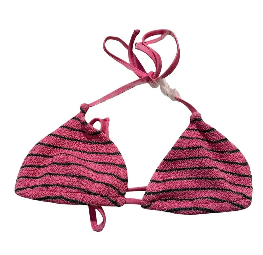 Women's Bikini Top Swim Top Triangle Light Pink Green Striped Textured Tie