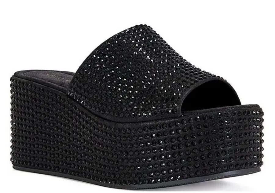 Azalea Wang Arachna Rhinestone Embellished Platform Wedge Slide Sandals Size 10 Black