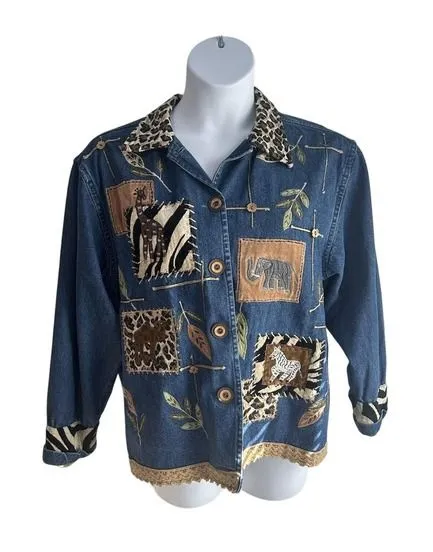 Vintage New Directions Women Medium Embroidery Animal Print Blue Denim Shirt Blue