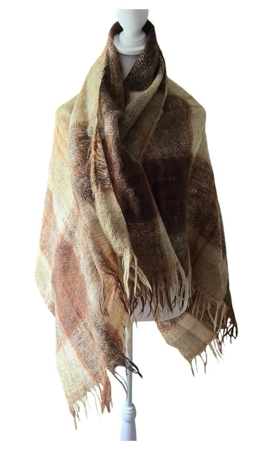 Vintage 70s Scottish Mohair Wool Plaid Wrap Brown