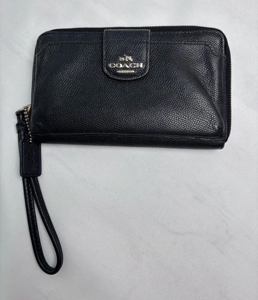 Coach Black Pebble Leather All In One Phone Wallet Wristlet Zip Around Case