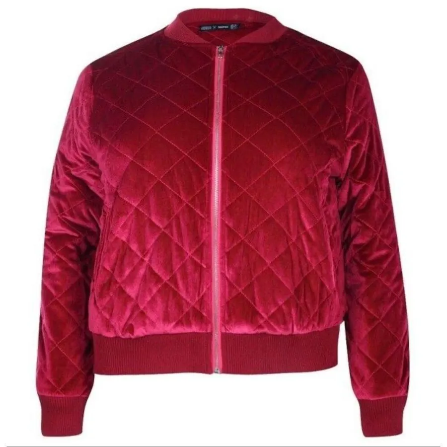 Boohoo red velvet quilted bomber jacket size small