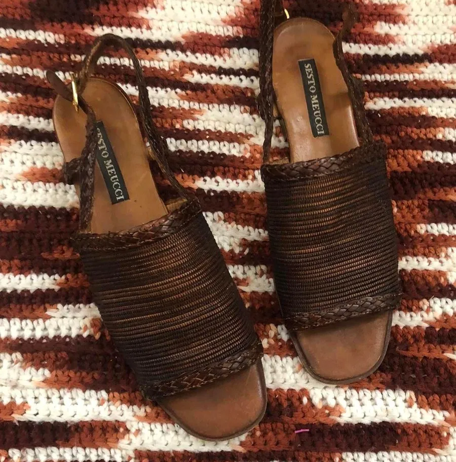 Vintage Sesto Meucci Woven Leather Slingback Sandals Strappy Braided Brown Square Toe Mules ballet flats Fisherman Maryjane shoes 100% Genuine Leather