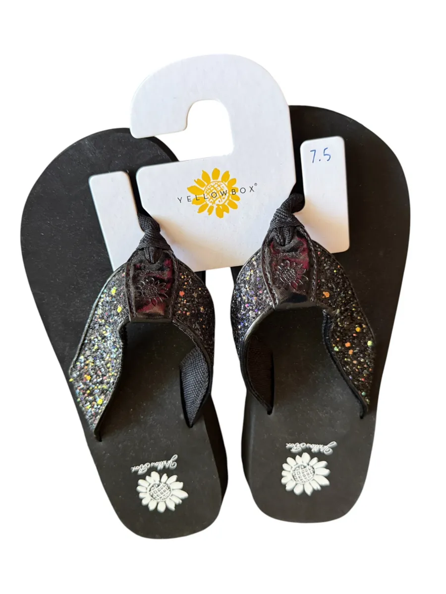 Yellow Box Ferdy Black Glitter Flip Flops Women’s Sz 7.5 NWOT Sparkle Sandals
