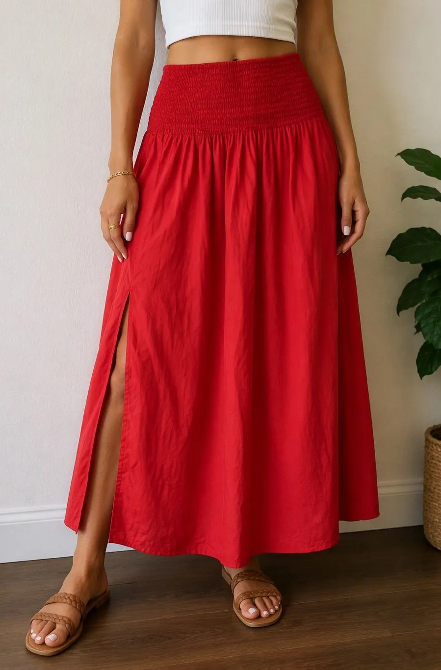 NWOT Wild Fable Red Smocked Maxi Skirt Side Slit Boho Summer XS
