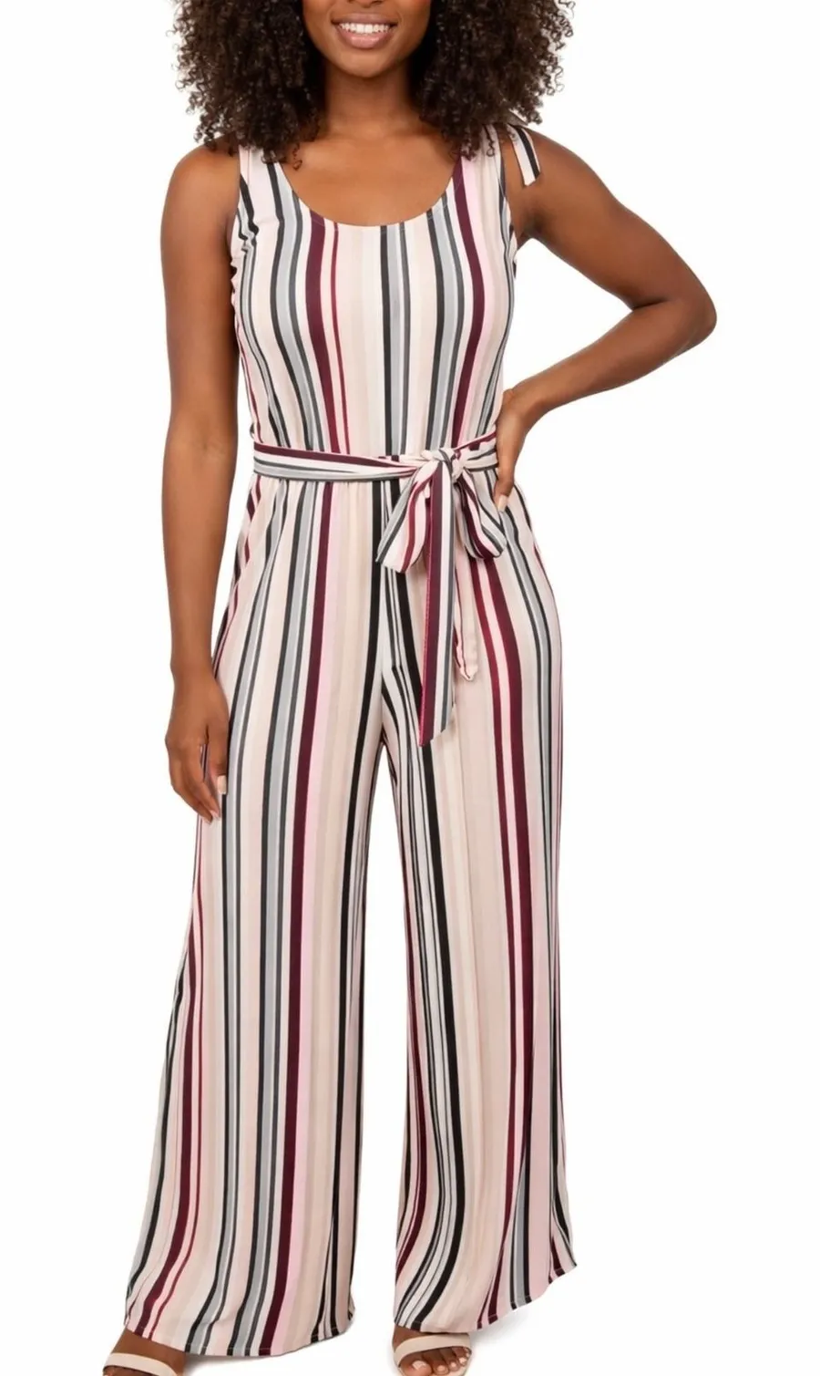 New Directions sz XL Striped Tie Sleeve Wide Leg Jumpsuit Romper Comfy Stretchy Pink