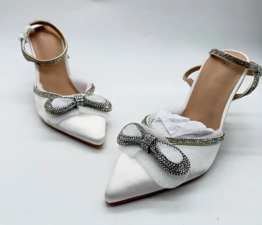 ZAPATOCK White Satin Rhinestone Bow Pointed Toe Stiletto Pumps Wedding Heels 6.5
