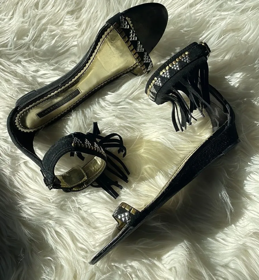 Lovely People Black Suede Fringe Sandals Black Size 6