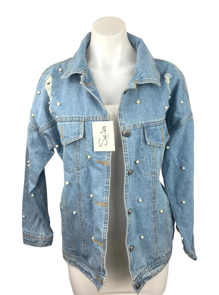 Seven7 NWT Blue Denim Pearl Button Front Distressed Long Sleeve Jean Jacket Sz M