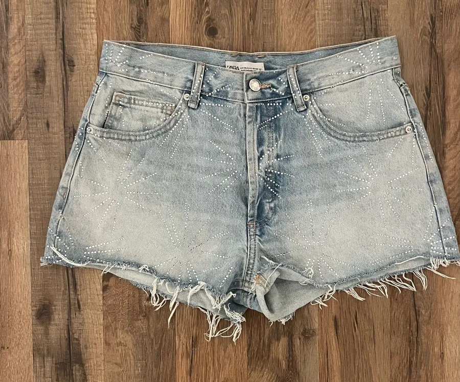 Zara Rhinestone Denim Cutoff Cotton Light Wash Jean Shorts
