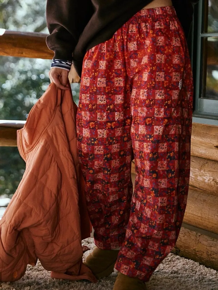 Free People Movement Game Day Barrel Pants XS Red Patchwork Quilted Print