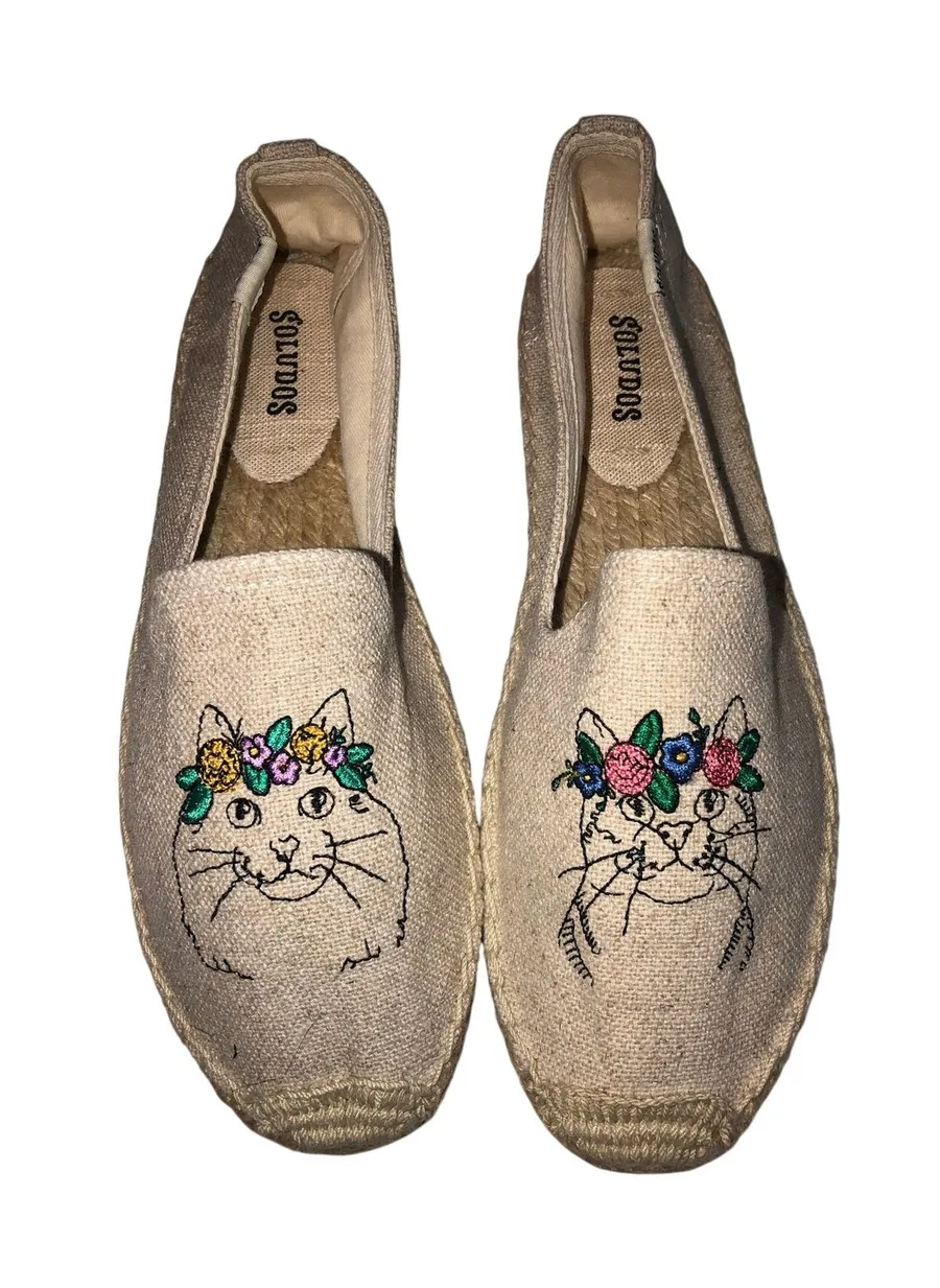 Soludos Spirit Animal Cat Smoking Espadrille Size 8.5 Beige Whimsy Boho Summer