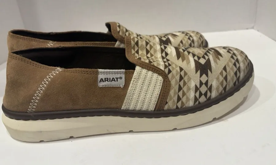 Ariat Women's Tan Diamond Aztec Ryder slip-on shoes featuring a canvas upper