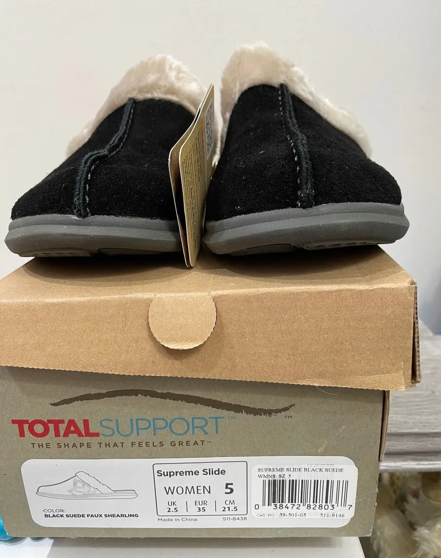 Spenco Supreme Slide Black Suede Faux Shearling Slippers Womens 5 Orthotic Mules