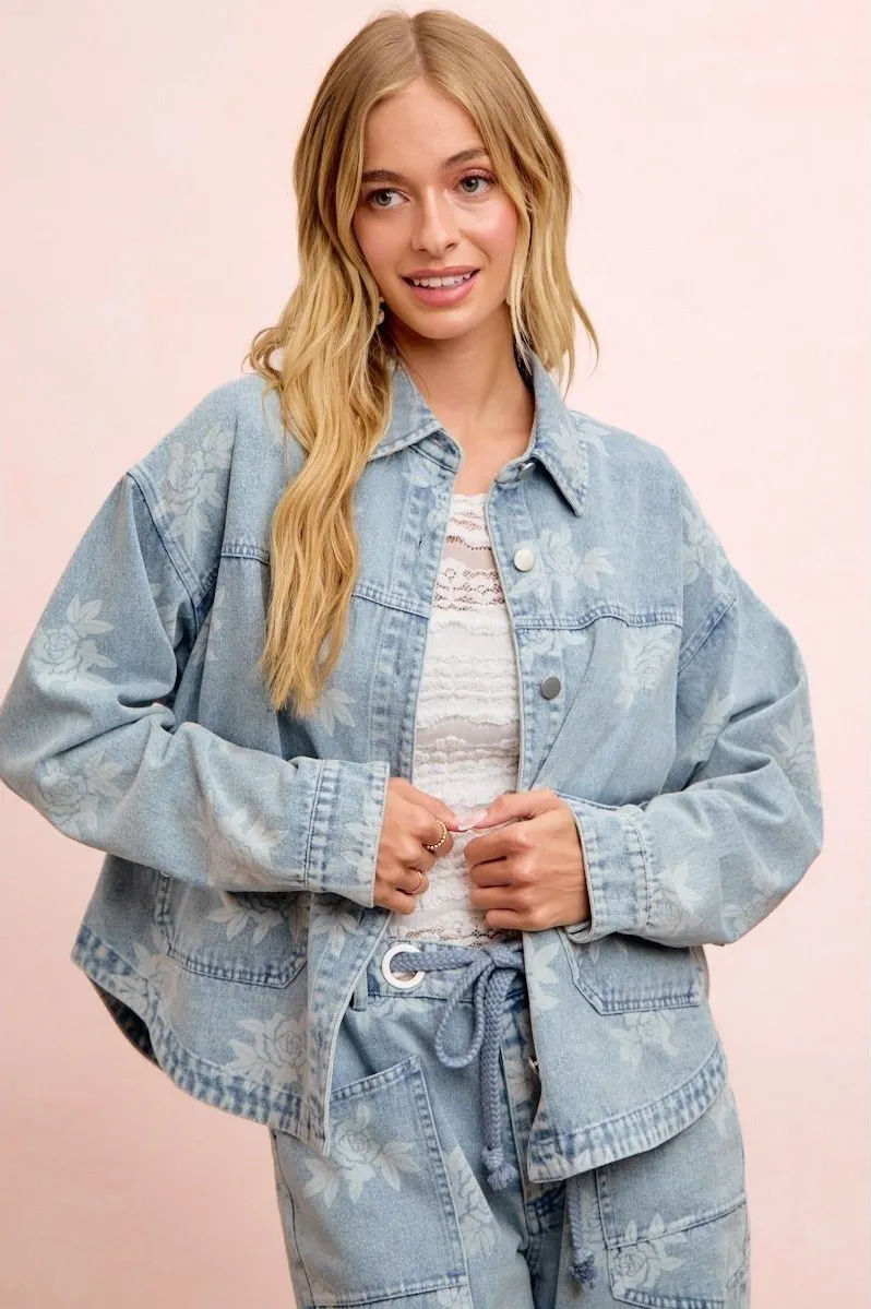 BiBi Printed Washed Denim Jacket With Pocket