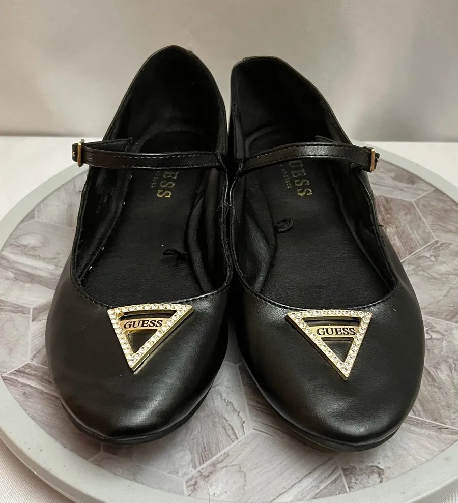 Guess Womens Black Mary Jane Flats Size 8M Rhinestone Logo Dress Shoes