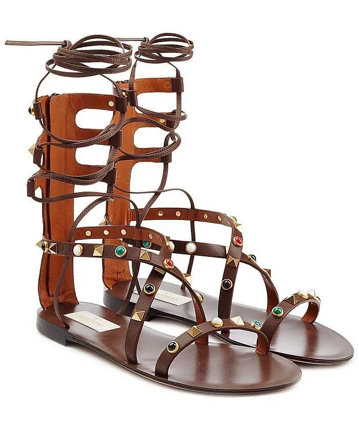Valentino Rockstud Rolling chocolate leather lace-up gladiator sandals size 39