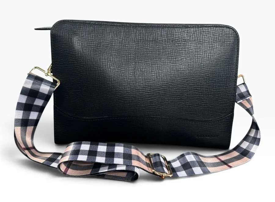 Burberry Vintage Clutch Bag Medium Black Leather Check Canvas Strap Hardware