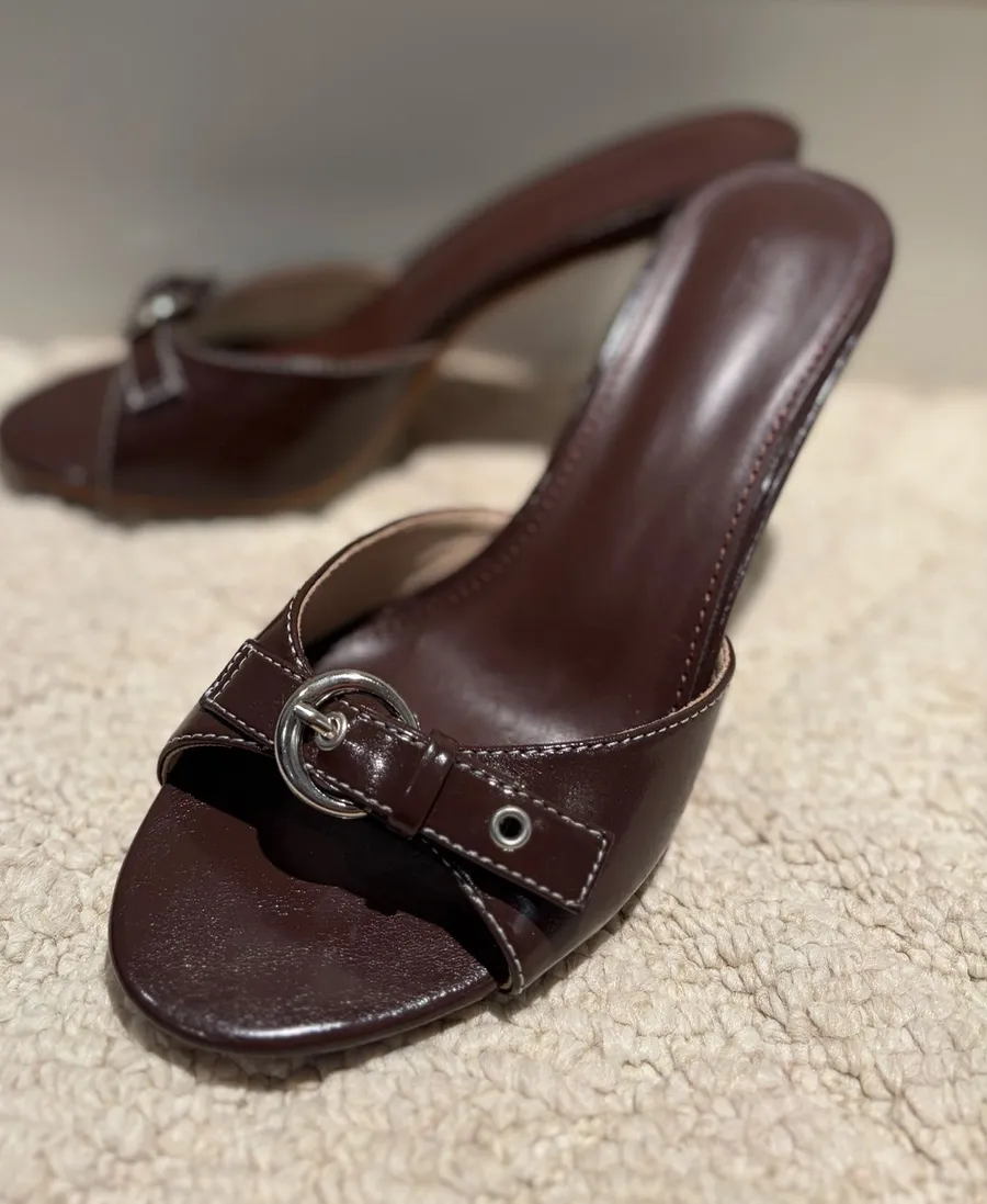 Brown Buckle Open Toe Stiletto Heel Mules Size 6