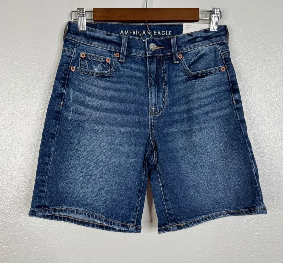American Eagle 8 Inch Perfect Bermuda Short High Rise Strigid Denim Blue 000 23W Size 00
