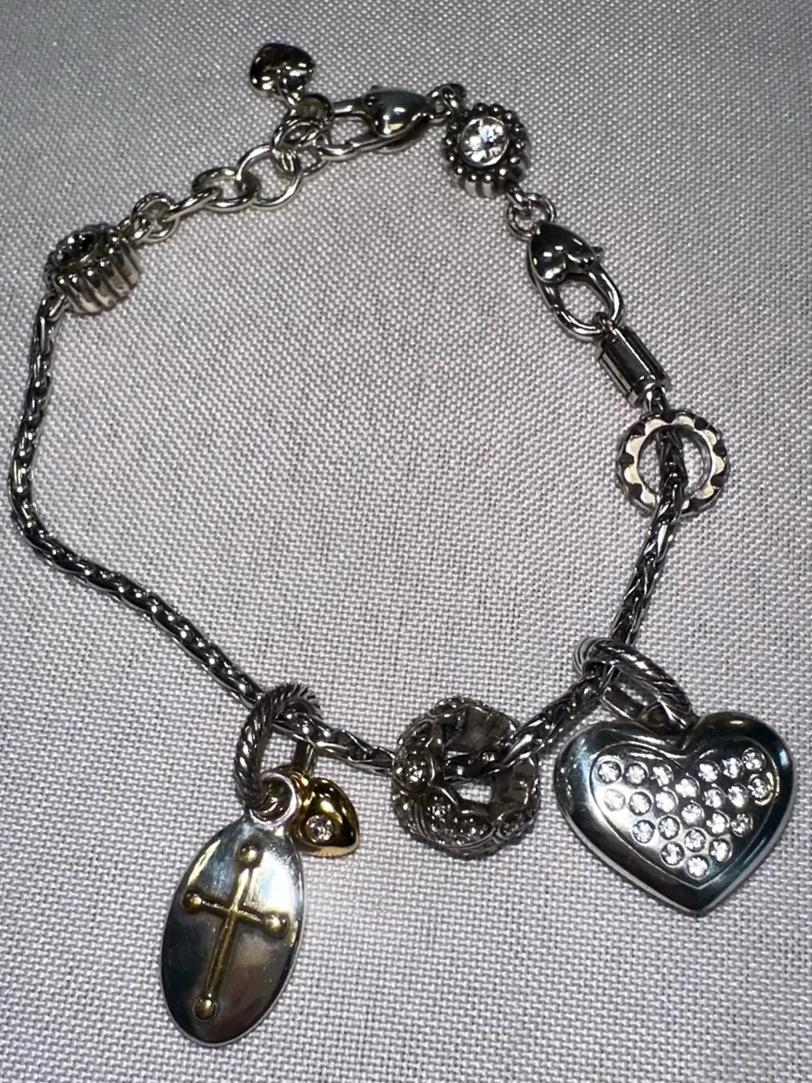 Brighton Vintage Two Tone Faith & Love Charm Bracelet | Pave Heart & Cross