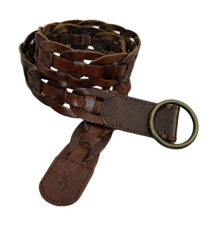 Hollister Belt Womens XS/S Brown Leather Braided Woven O-Ring Buckle