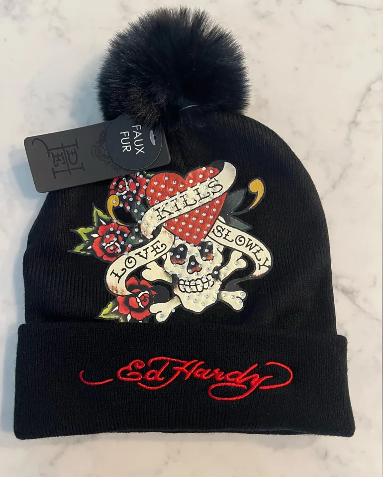 Ed Hardy Beanie Hat Set Love Kills Slowly Faux Fur Skull New