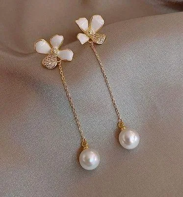 Women's White Pearl Long Tassel Dangle Drop Earrings