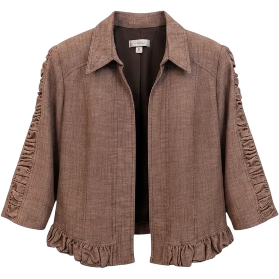 Dressbarn Cropped Jacket Women Med Brown Excellent Ruffle Ruched 3/4 Sleeve