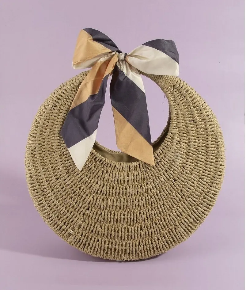 Fame Round Woven Straw Bag With Bow Scarf Accent