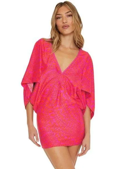 TRINA TURK PINK ORANGE PRINT STRETCH SWIM VNECK POPOVER COVERUP L