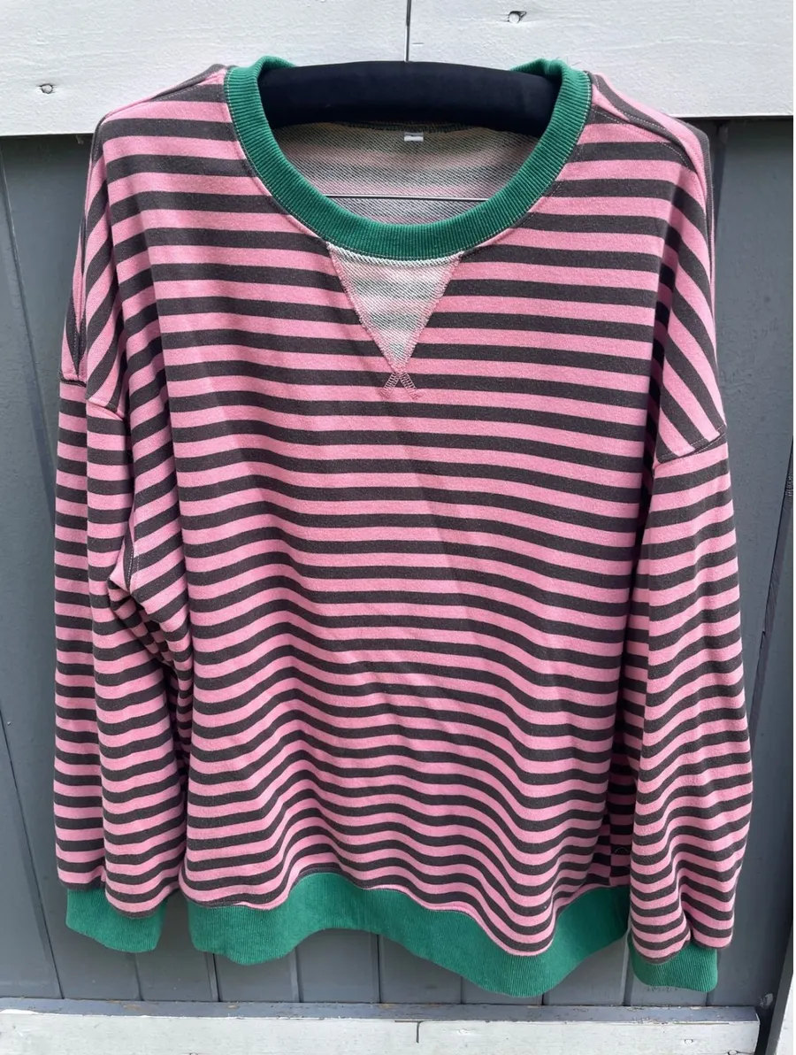 Unbranded Pink Grey Striped Sweatshirt Green Trim French Terry Crewneck Large