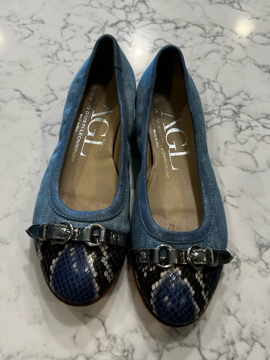 AGL Blue Denim Snake Print Toe Cap Flats Shoes Size 38/8
