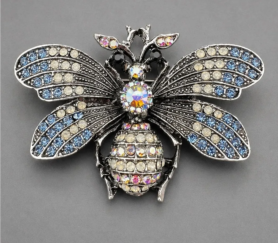Bee or Moth Shaped Brooch with Blue and Clear Rhinestones