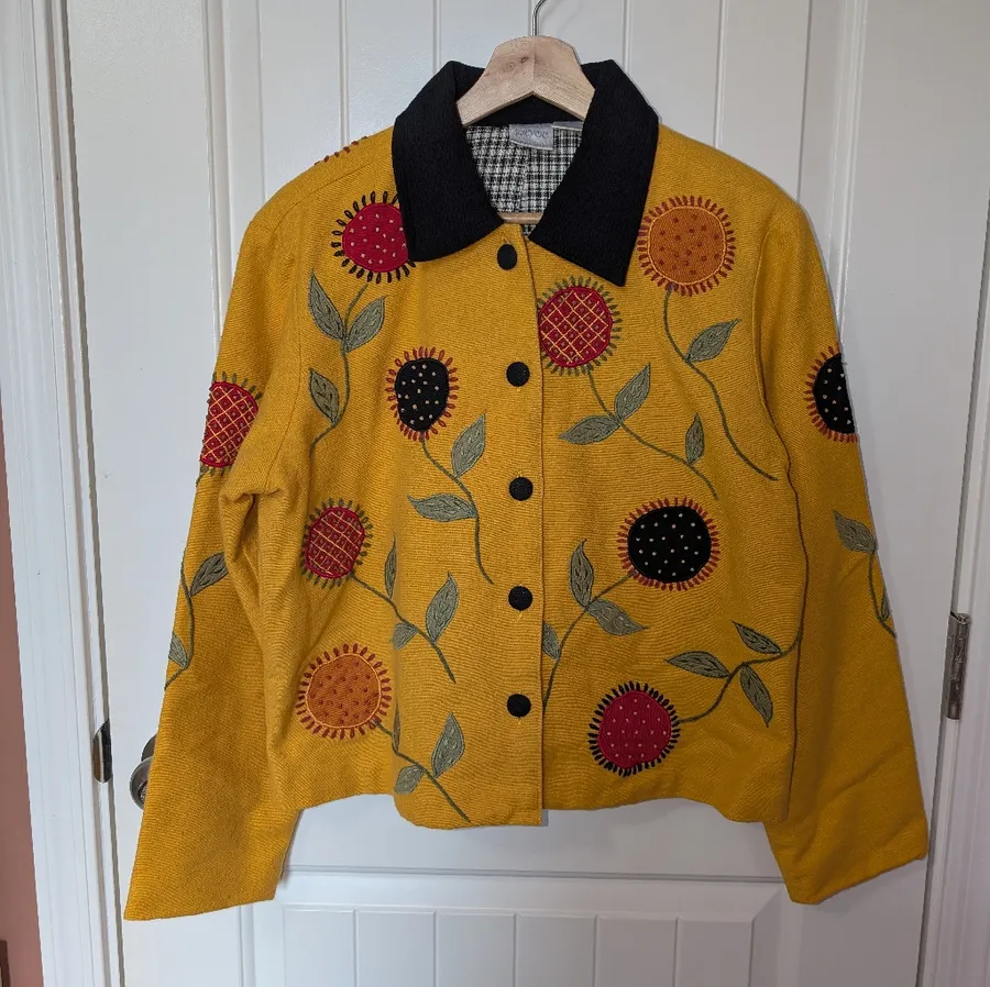 Vintage Bleu Bayou Cotton Embroidered Sunflower Jacket Medium Yellow/Black Yellow