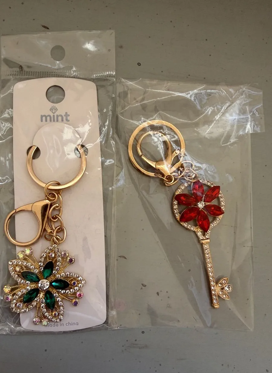 mint Gold Floral Crystal Key & Card Holder Set with Green and Red Accents