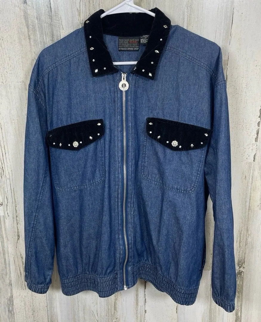 MURATI Vintage Denim Jacket size M Blue Black Studded Velvet Embellished Black Size M