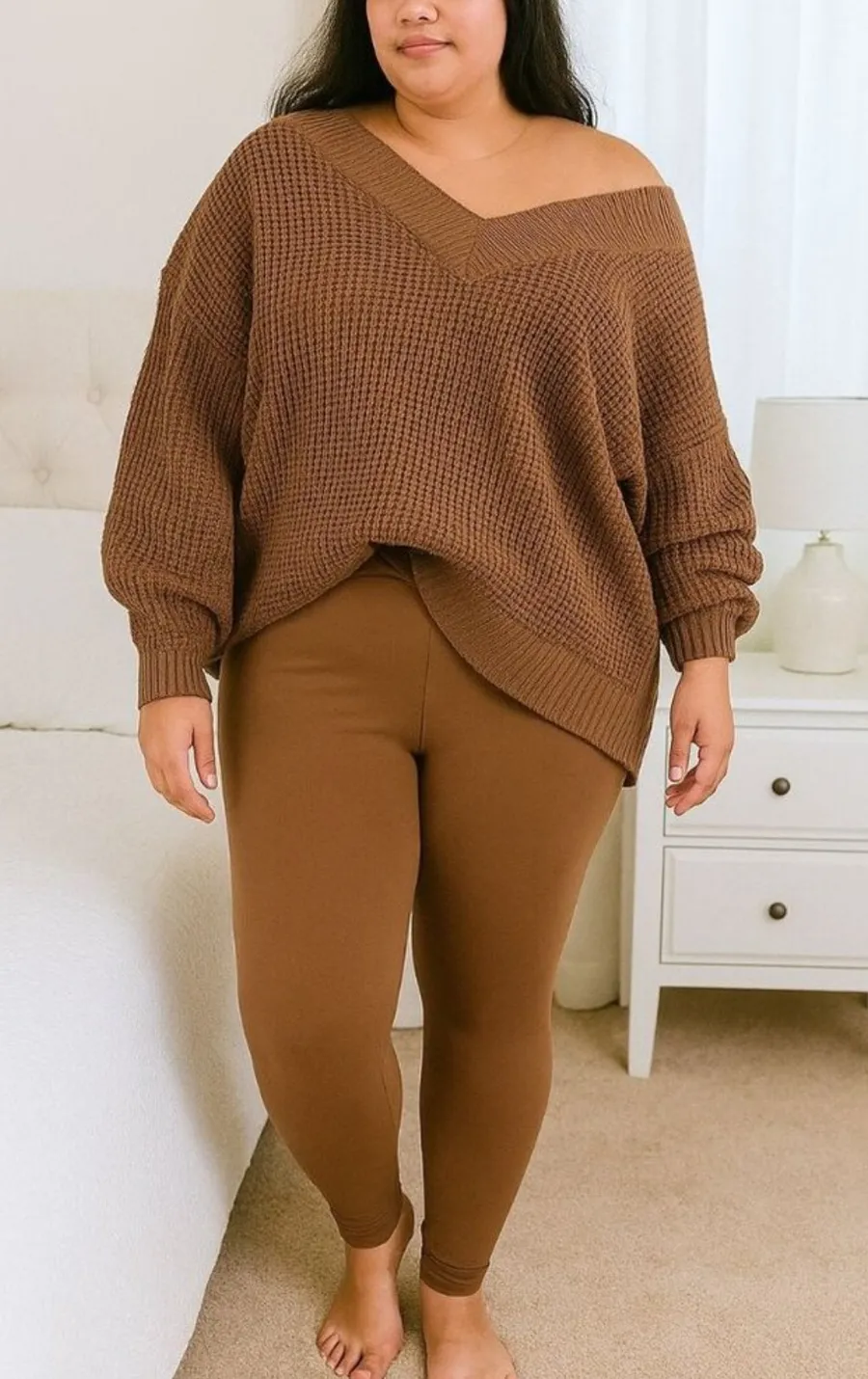 New Women's Zenana Plus Size V-Neck Off The Shoulder Waffle Knit Sweater Camel / Light Brown Sz 1X
