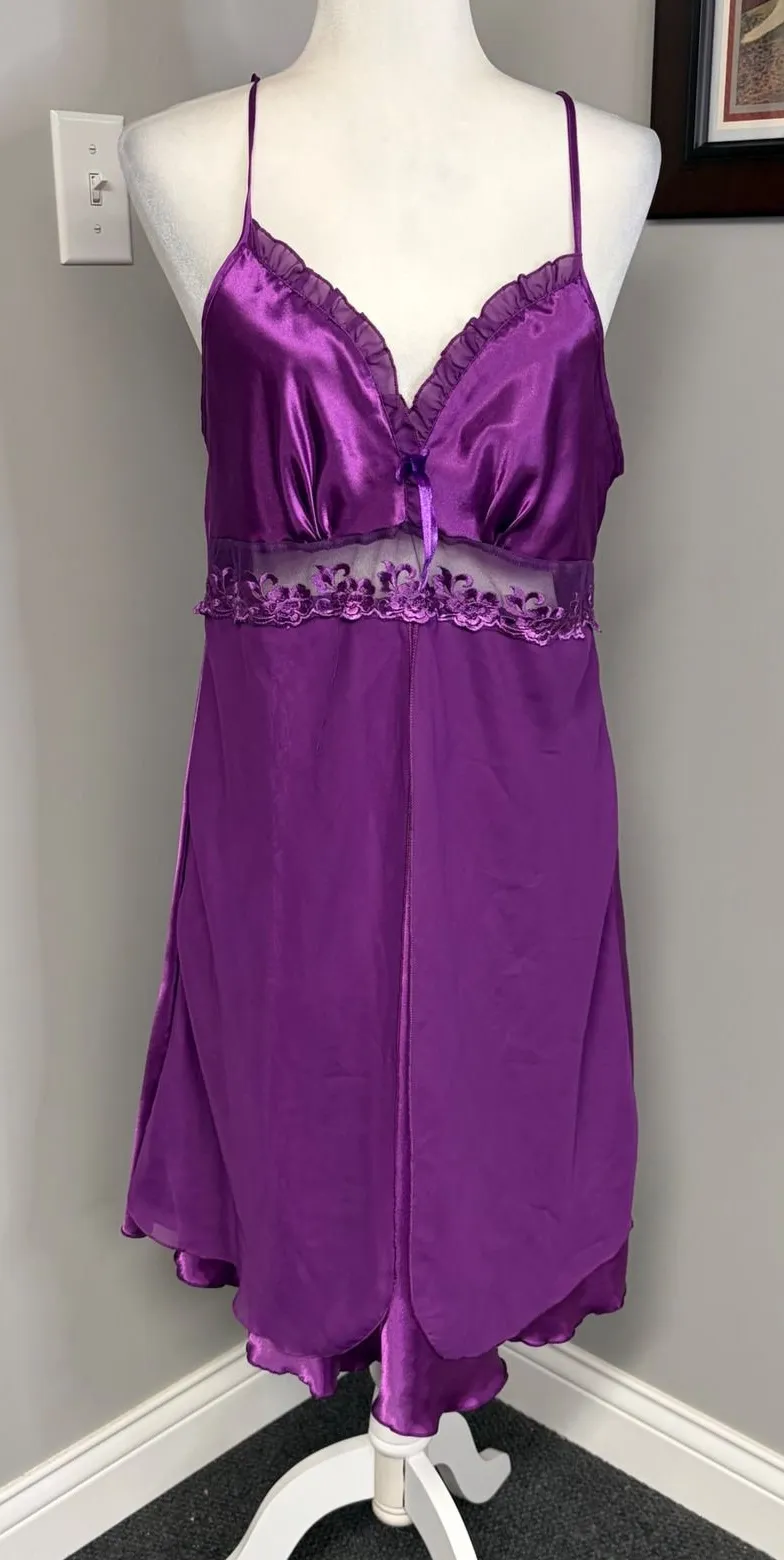 Purple Satin Mesh Lace Trim Chemise Nightgown Lingerie Slip Dress Purple Size M