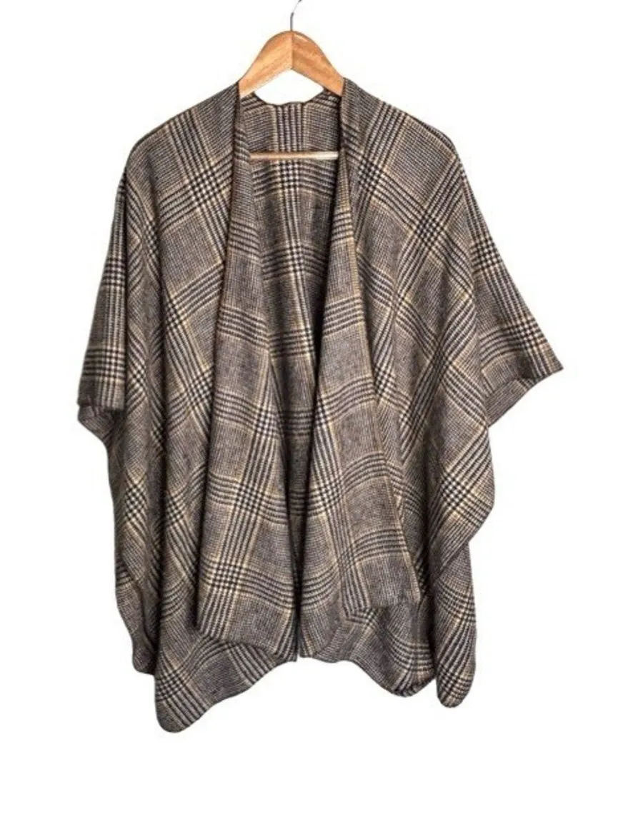 Beige Checkered Shawl 6 Feet Wide Viscose Beige Brown Yellow Retro Preppy