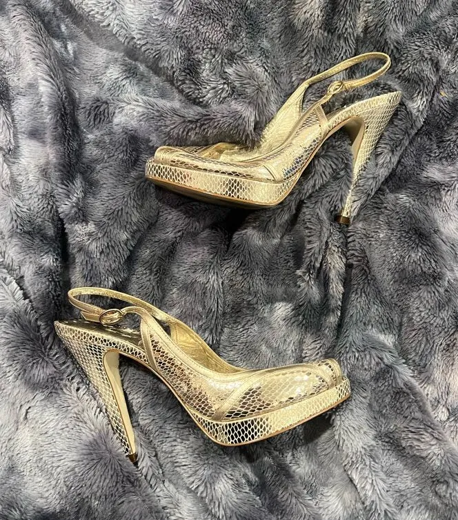 BCBGeneration Metallic Gold Snake-Embossed Slingback Platform Heels