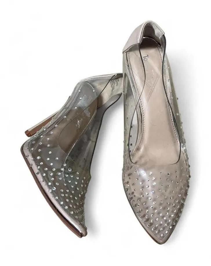 Torta Caliente Nude Rhinestone Clear Pointed Toe Stiletto Pumps Heel 7.5M Size 7.5