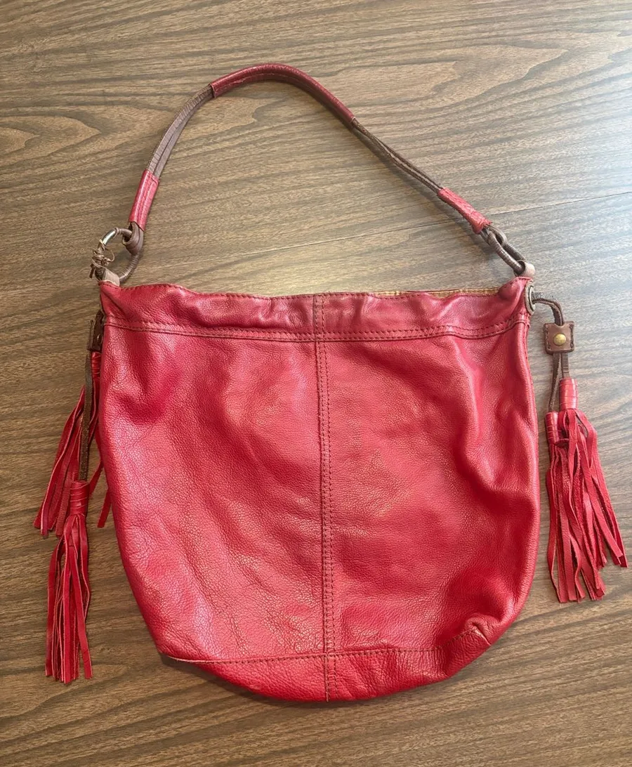 Lucky Brand VINTAGE Red Leather Tassel Shoulder Hobo Bag