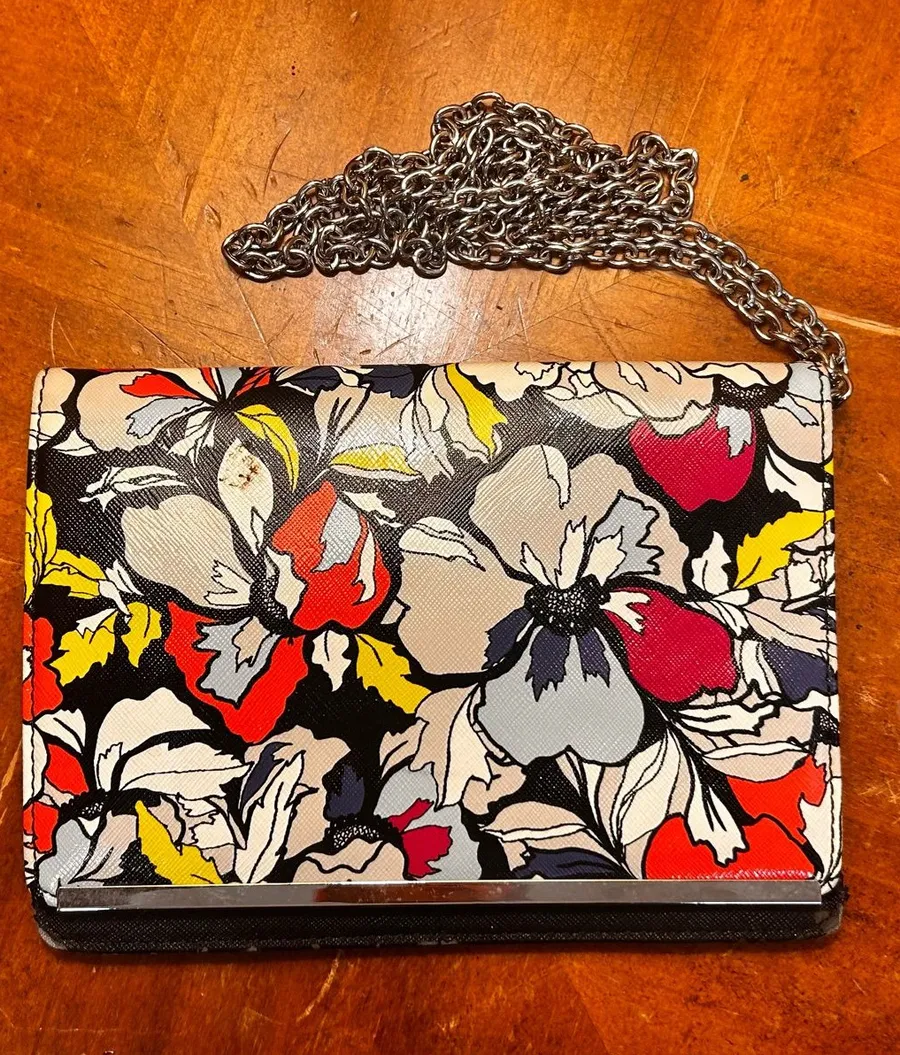 Nine West Floral Print Chain Crossbody Bag - Black, Red & Yellow