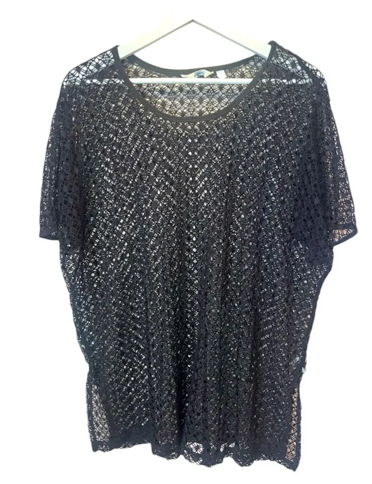 La Vie En Rose Swim Coverup Black Crochet knit style Size Large