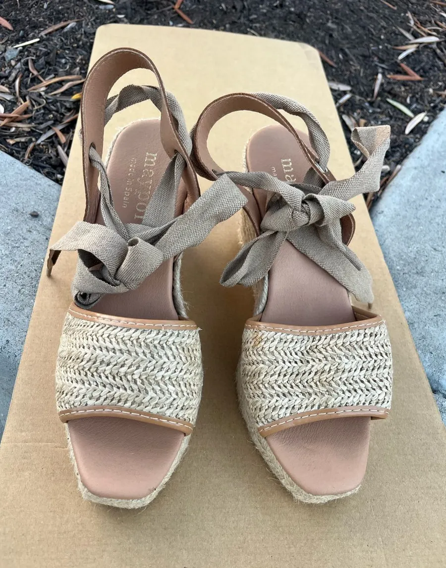 Natural Tan Raffia Espadrille Wedge Sandals with Ankle Tie